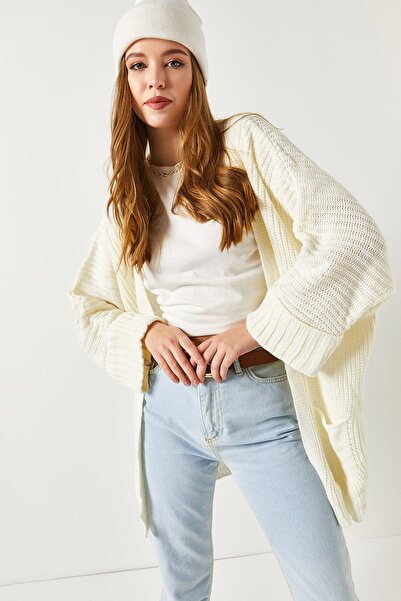 armonika Women's Ecru Selanik Knitted Pocket Double Sleeve Knitwear Cardigan ARM-22Y069012