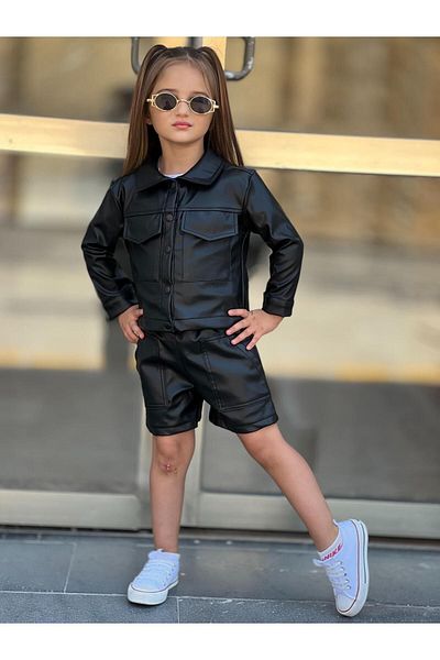 yns coolstar seasonal new season artificial leather shorts and jacket 2-piece set