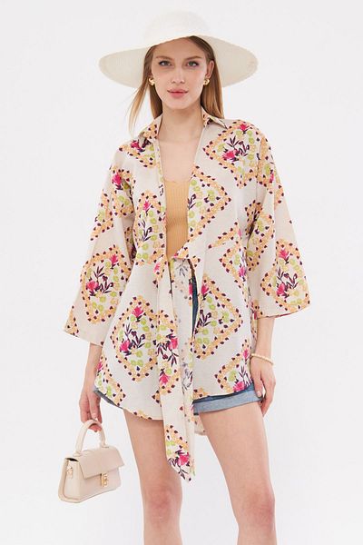 armonika Cămașă kimono din in roz cu model - cravată în față, ARM-24Y001079