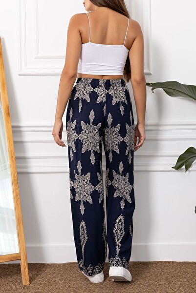 armonika Női sötétkék mintás széles szárú nadrág ARM-23Y001124