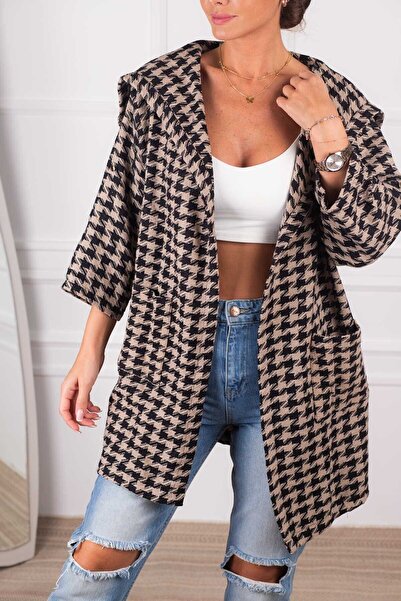 armonika Ženska ležerna jakna sa mink rukavima i epoletom u houndstooth uzork...