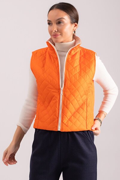 armonika Women's Orange Stamp Lined Zippered Quilted Vest with Pockets ARM-24K001063
