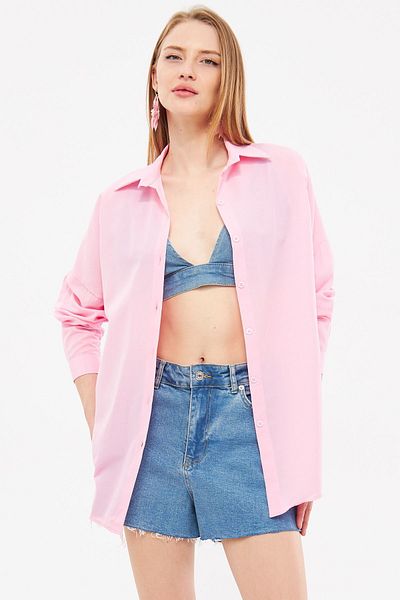 armonika Damen-Puderrosa-Oversize-Lang-Basic-Hemd ARM-22Y001118