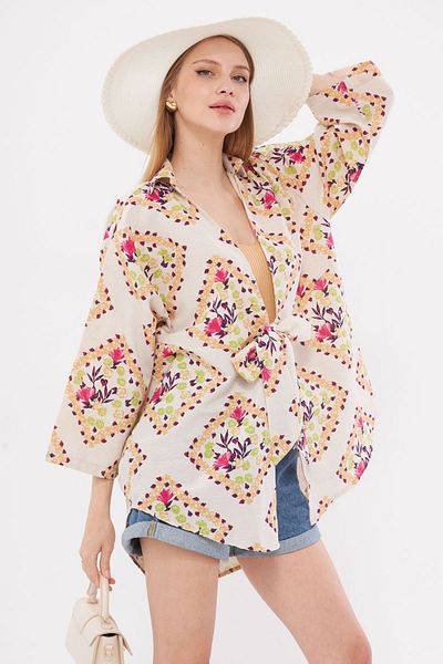 armonika Cămașă kimono din in roz cu model - cravată în față, ARM-24Y001079