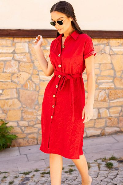 armonika Women's Red Waist Belted Short Sleeve Shirt Dress Arm-19Y001068