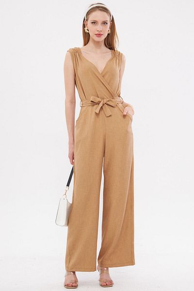 armonika Light Mink Long Women's Jumpsuit with Double Breasted Collar and Shoulder Detail - V Belted, ARM-24Y001049