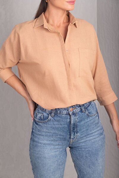 armonika Dámská světle hnědá volná lněná košile s kapsami ARM-21Y001035