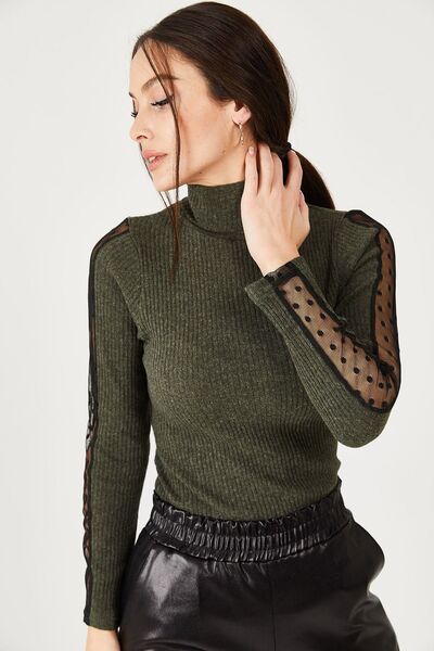 armonika Women's Khaki Neck Sleeve Lace Detailed Knitwear Sweater ARM-21K001056