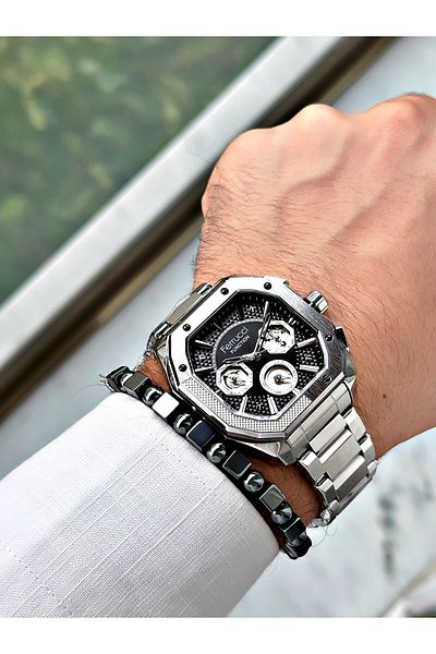Ferrucci men's Silver Colored Square Function Steel Wrist Watch and Bracelet Gift