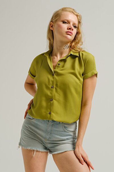 armonika Cămașă cu mânecă scurtă verde ulei pentru femei ARM-19Y001065