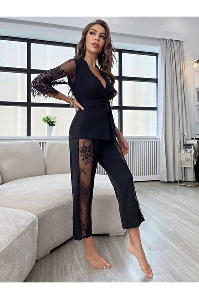 Cesur Lace Sleeve and Side Tulle Dressing Gown Waist Tied Women's Pajamas CSR