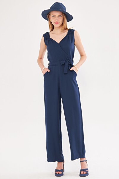 armonika Navy Blue Double Breasted Collar and Shoulder Detailed V Belted Long Women's Jumpsuit - ARM-24Y001049