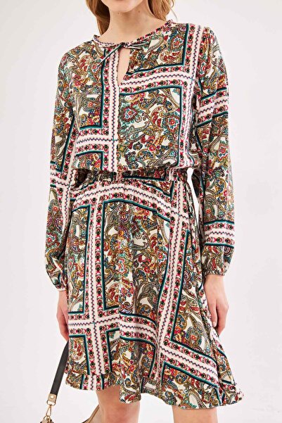 armonika Női fukszia gallér nyakkendő elasztikus derék szoknya fodros kiszélesedő ruha ARM-24Y001011