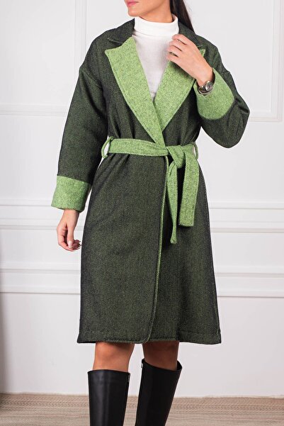 armonika Women's Pistachio Green Belted Waist Two-Color Long Cuff Coat ARM-24K001015