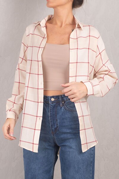 armonika Dámská krémová dlouhá základní košile se čtvercovým vzorem ARM-22Y001144