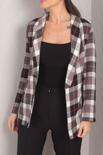 armonika Ženska crno-crvena jakna od tvida sa uzorkom Šal kragna Karirano ARM...