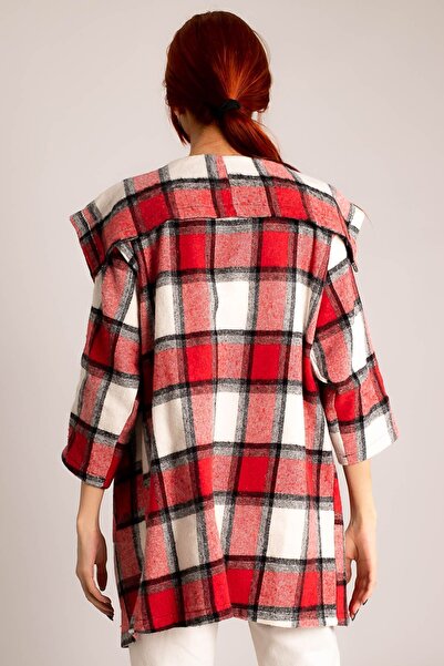 armonika Women's Red-white Plaid Casual Jacket with Pockets Arm-22y001160