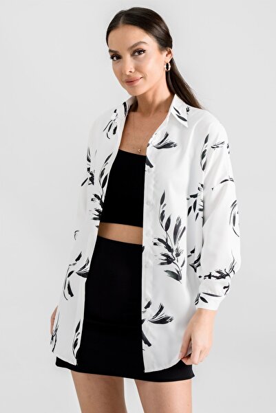 armonika Cămașă de bază lungă supradimensionată cu model verde închis de damă