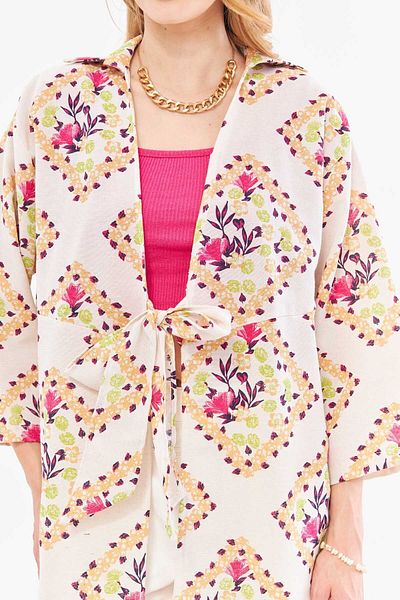armonika Kimono Midi cu model din in fuchsia deschis - Cămașă cu cravată în față ARM-24Y001096