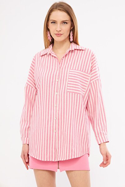 armonika Fukszia csíkos túlméretes ing - hosszú ujjú és zsebrészlet, redőzött ARM-24Y001057