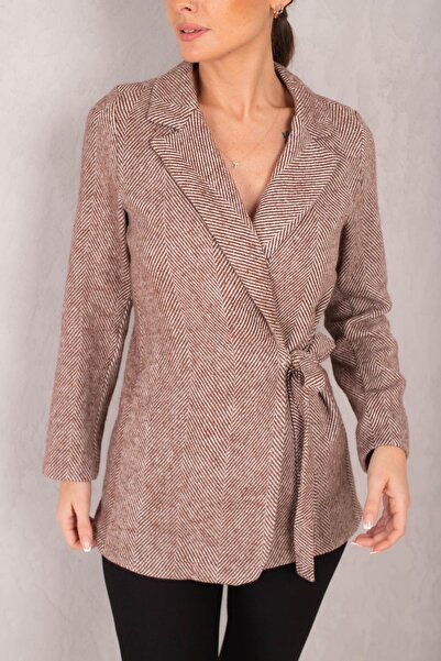 armonika Jachetă de damă, maro, cu cravată laterală, cu model caju, ARM-24K00...