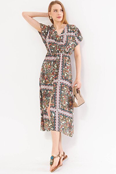 armonika Φούξια μακρύ φόρεμα με διπλό στήθος και γιακά και νυχτερίδα - ελαστι...