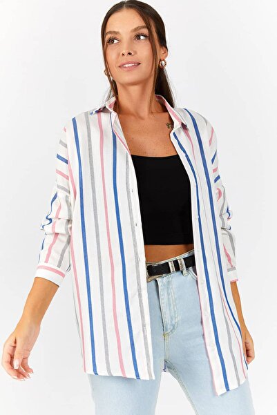 armonika Kadın Gri Çizgili Oversize Uzun Basic Gömlek ARM-22Y001129