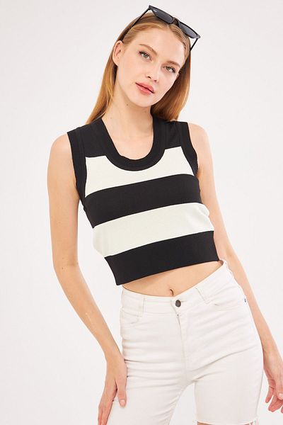 armonika Black Striped Knitwear Blouse - Round Neck, Two Colors, ARM-24Y134016