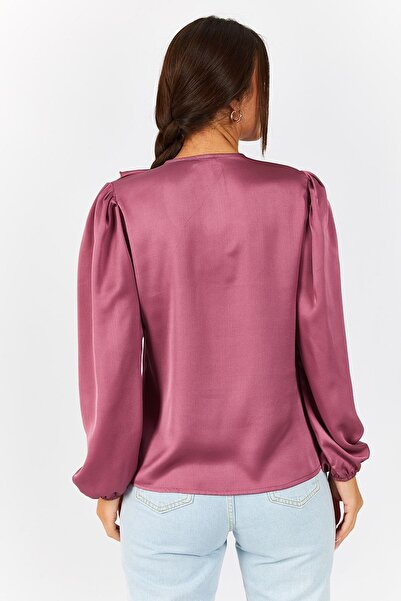 armonika Dámská zaprášená růžová límec s nabíraným rukávem elastická bavlněná saténová halenka ARM-22K001059