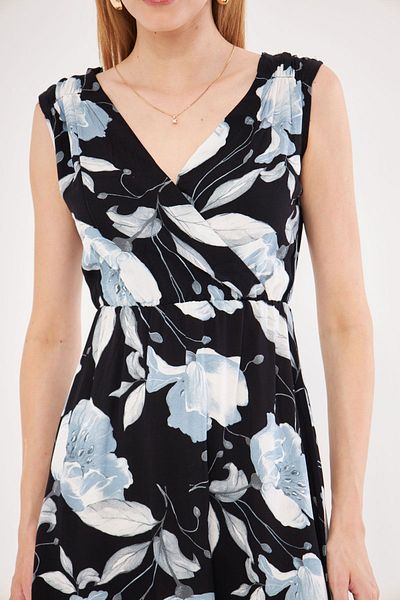 armonika in rochie midi cu decolteu dublu cu imprimeu negru-gri - elastic pentru talie și umeri ARM-24Y 001052