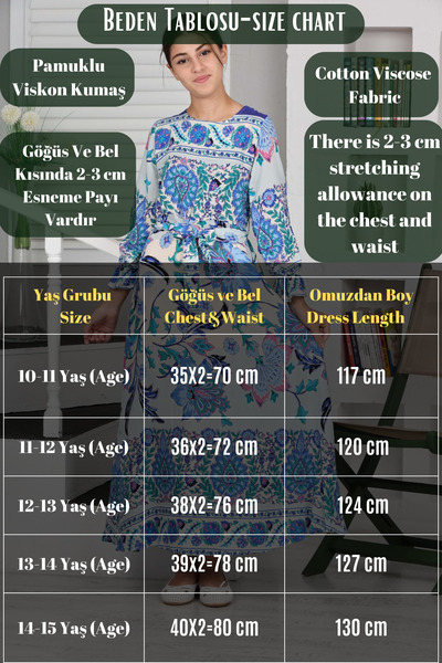 Joui Co Kız Çocuk Pamuklu Uzun Elbise 11 Yaş-12 Yaş-13 Yaş-14 Yaş-15 Yaş