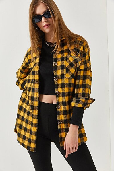 armonika Kadın Hardal Ekose Desen Oversize Cepli Gömlek ARM-22Y001199