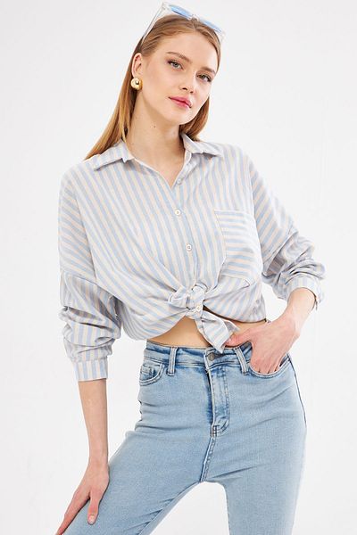 armonika Baby modrá pruhovaná oversize plisovaná košile – dlouhý rukáv, podrobná kapsa ARM-24Y001057