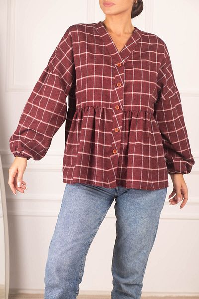 armonika Women's Red Six Drawstring Sleeves Elastic Plaid Pattern Stitched Shirt ARM-24K001006