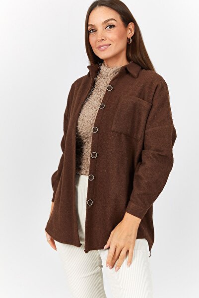 armonika Kadın Kahve Oversize Kaşe Cepli Gömlek ARM-22Y001156