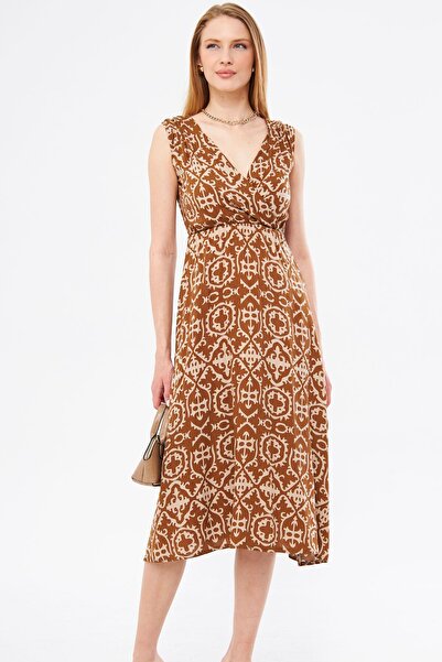 armonika Жіночі світло-коричневі з візерунком талії плечі еластичні двобортний комір довжина спідниці міді плаття Arm-24y001052