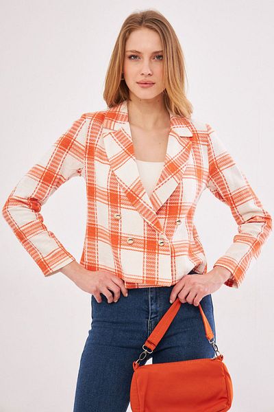armonika Women's Orange-White Double Breasted Collar Tweed Crop Jacket ARM-24K001014