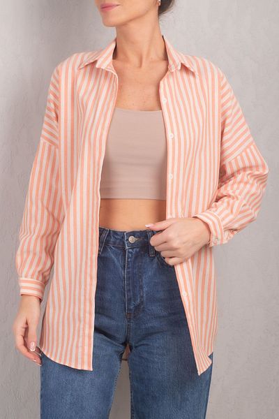 armonika Damska długa koszula basic typu oversize w pomarańczowe paski ARM-24K001061