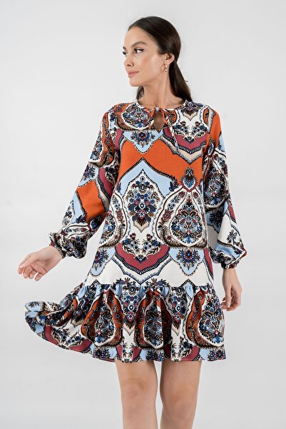 armonika Women's Baby Blue Patterned Collar Tied Skirt Frilly Long Sleeve Dre...