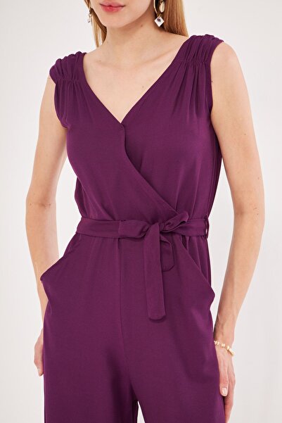 armonika Purple Double Breasted Collar and Shoulder Detailed V Belted Long Women's Jumpsuit - ARM-24Y001049