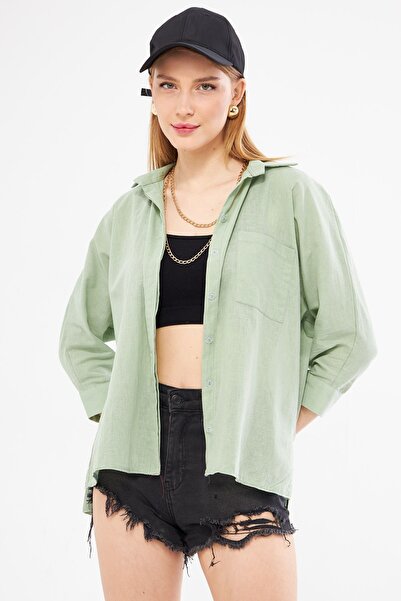armonika Zelena lanena košulja - Sa džepovima, širokog kroja ARM-21Y001035