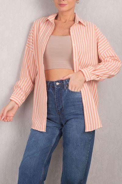 armonika Damska długa koszula basic typu oversize w pomarańczowe paski ARM-24K001061
