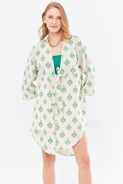 armonika Cămașă kimono midi din in verde cu model - cravată în față, ARM-24Y001096