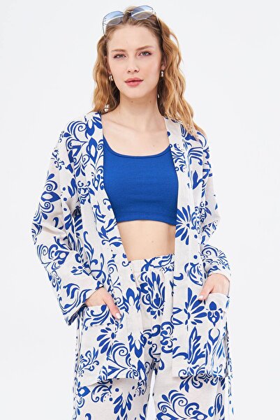 armonika Kadın Saks Dio Kimono Desenli Kuşaklı Cep Detaylı Keten Görünümlü AR...