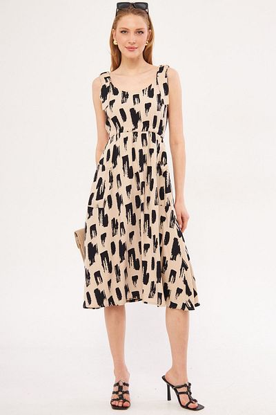 armonika Women's Beige Tidekatria Dress with Elastic Waist and Straps and Pockets Linen Look Midi Size ARM-24Y001035