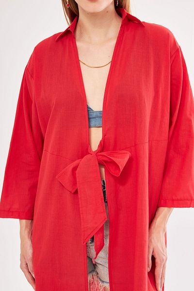 armonika Red Thin Linen Midi Kimono - Women's, Front Tie, ARM-24Y001081