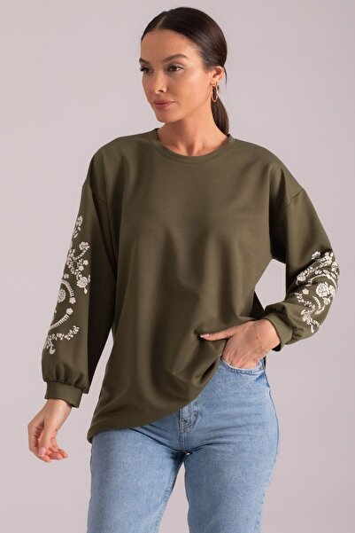 armonika Women's Khaki Round Neck Sleeve Embossed Tunic ARM-21K024033