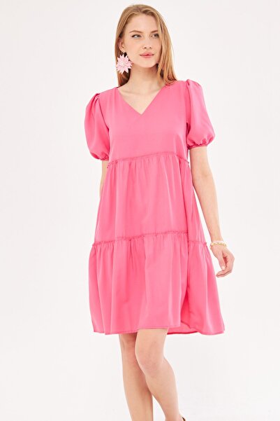 armonika Ανοιχτό φούξια βολάν με λαιμόκοψη Γυναικείο φόρεμα - κοντό μανίκι AR...