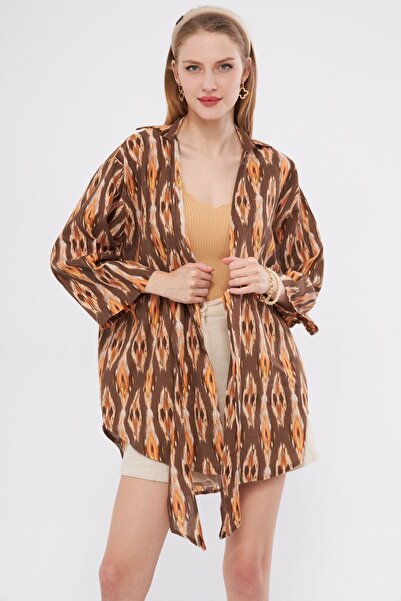 armonika Cămașă kimono cu model maro - cravată față, femei, ARM-24Y001080