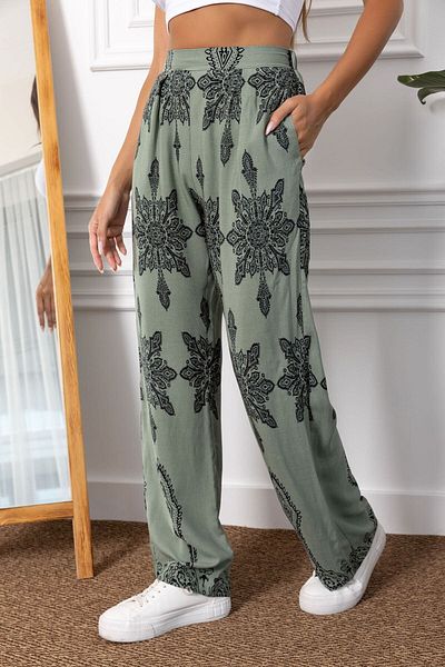 armonika Green Patterned Wide Leg Women's Palazzo Trousers - Arm-23y001124